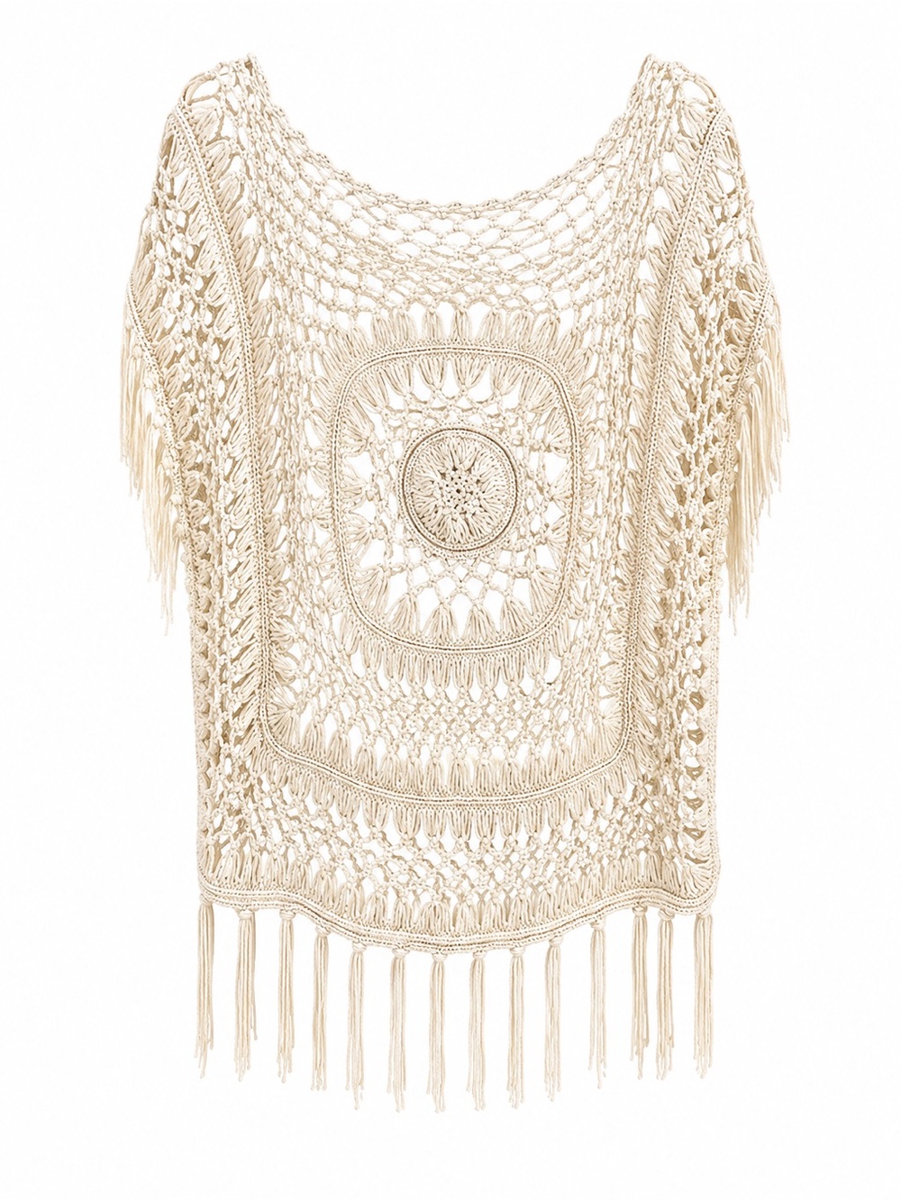 Say What? Ivory Crochet Boho Poncho Top with Fringe – Size Small - Picture 3 of 3
